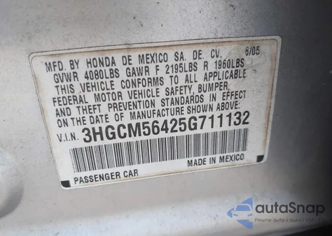 2005 Honda Accord Lx from USA, damaged, VIN 3HGCM56425G711132
